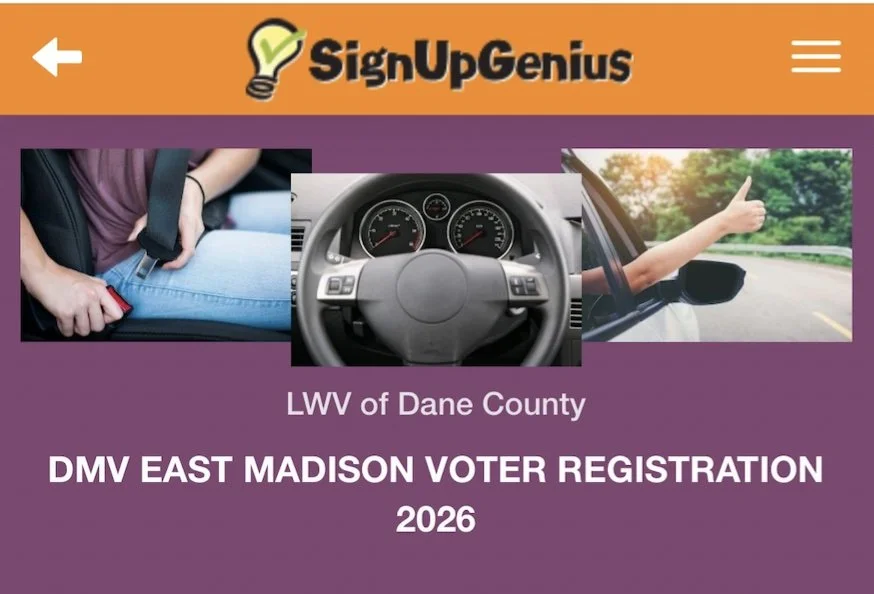 SignUpGenius screenshot of DMV East Rgistration with images of a seat belt, steering wheel and thumbs up hand out a car window.