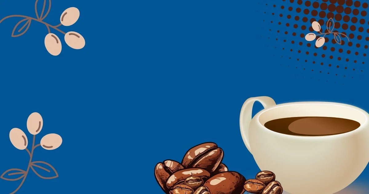 graphic of coffee cup, beans on the shrub, and roasted beans