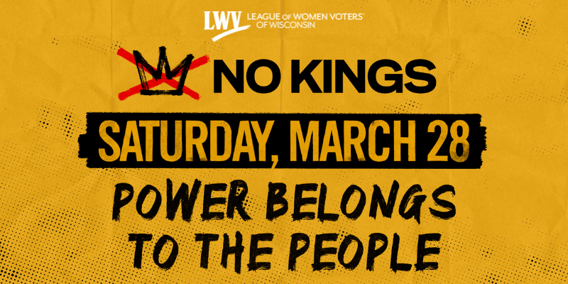 Crown with red X, Text: NO KINGS SATURDAY, March 28 NO THRONES, NO CROWNDS, NO KINGS. Saturday March 28, POWER BELONGS TO THE PEOPLE