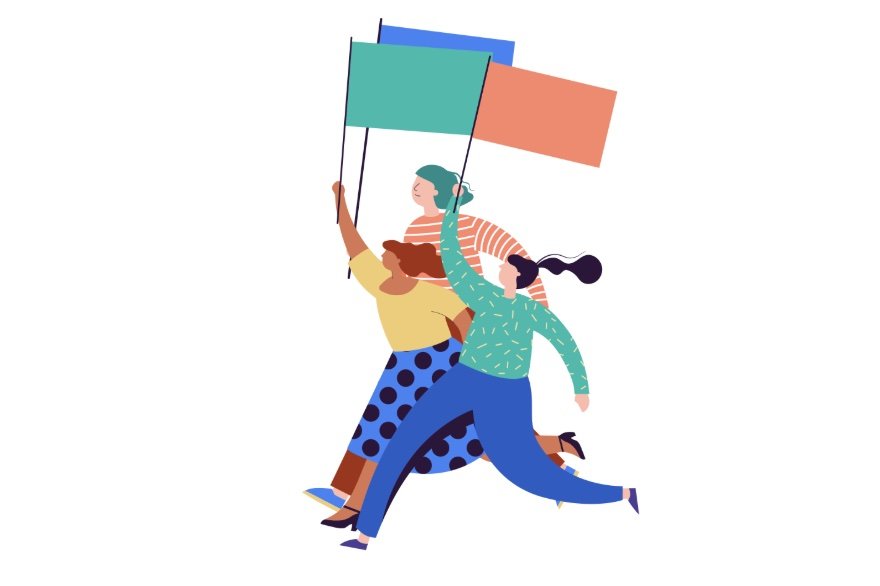 Graphic of three women striding together, carrying flags.