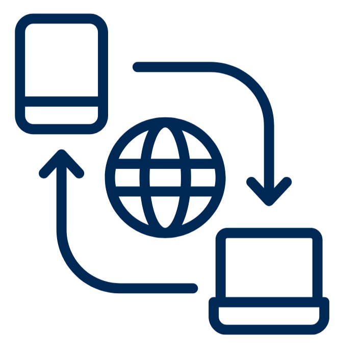 Icon showing data transfer between a smartphone, a globe, and a laptop.