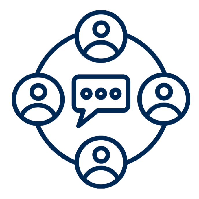 Icon of a group of four people connected around a speech bubble with three dots, representing communication or collaboration.