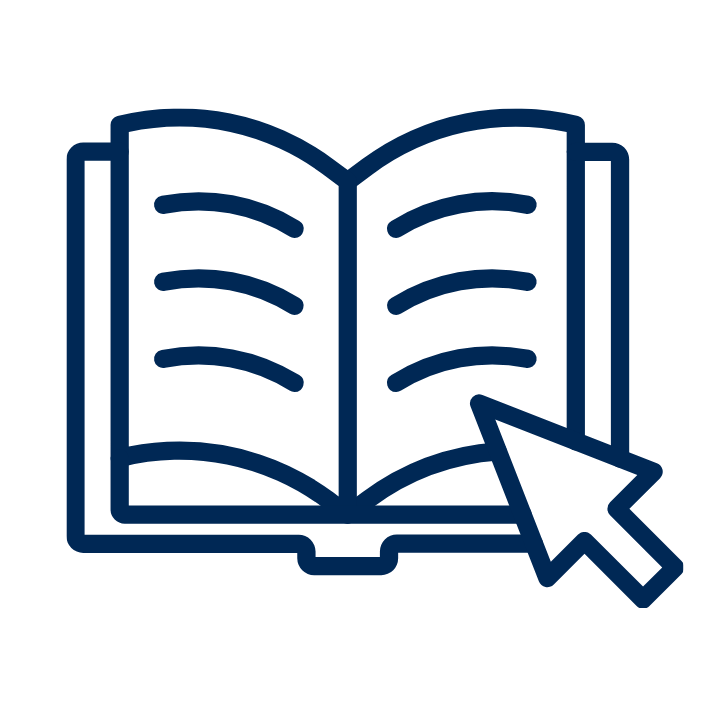 Outline of an open book with a cursor arrow pointing at it, symbolizing online reading or digital literature.
