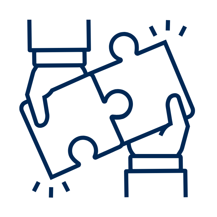 Line drawing of two hands holding puzzle pieces.