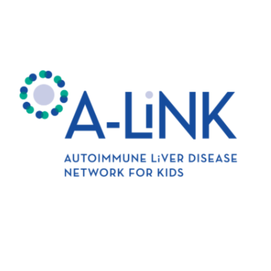 Logo for A-LiNK, an autoimmune liver disease network for kids, featuring a circular graphic composed of dots and the text 'A-LiNK' with a subtitle 'Autoimmune Liver Disease Network for Kids'.