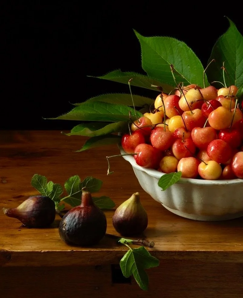 A detail of a new image &ldquo;Yellow Cherries &amp; Figs, After L.M., 2025. There are many 17th C. women still life painters. This is an ode to Louise Mollion. I love the palette, subject matter and simplicity of her work.This is my first of a new s