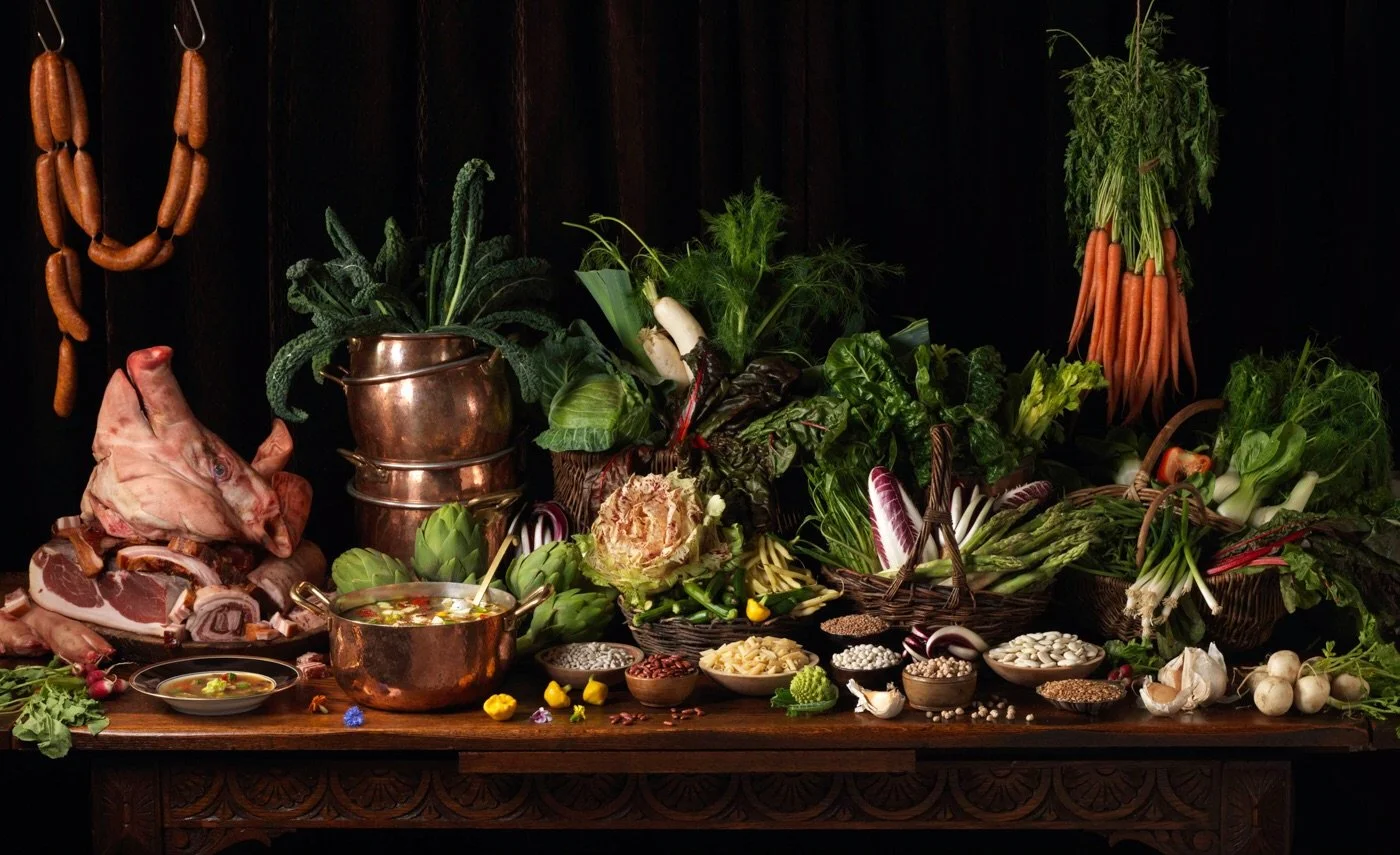 Paulette Tavormina for The Del Posto Cookbook — Still life of vegetables, meats, herbs, and spices on a rustic table, with hanging sausages and carrots in the background, photographed in her Old Master style.
