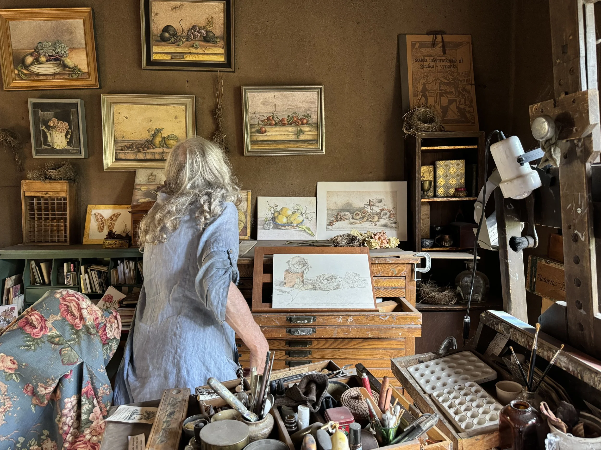 Santa Fe artist Sarah McCarty, in her adobe studio, where she gives new life to the timeless art of egg tempera.