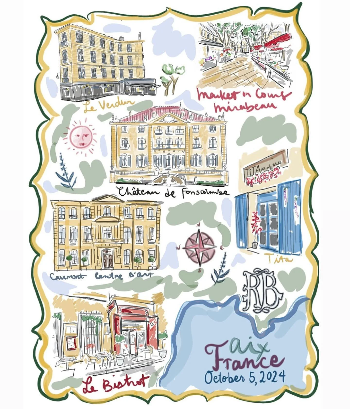 So proud to post this wedding map I did for the future Mr and Mrs Grill! The map highlights some of their favorite places in AIX, France, where their wedding will take place in October! The maps will be placed in their guests welcome bags! 

I had so