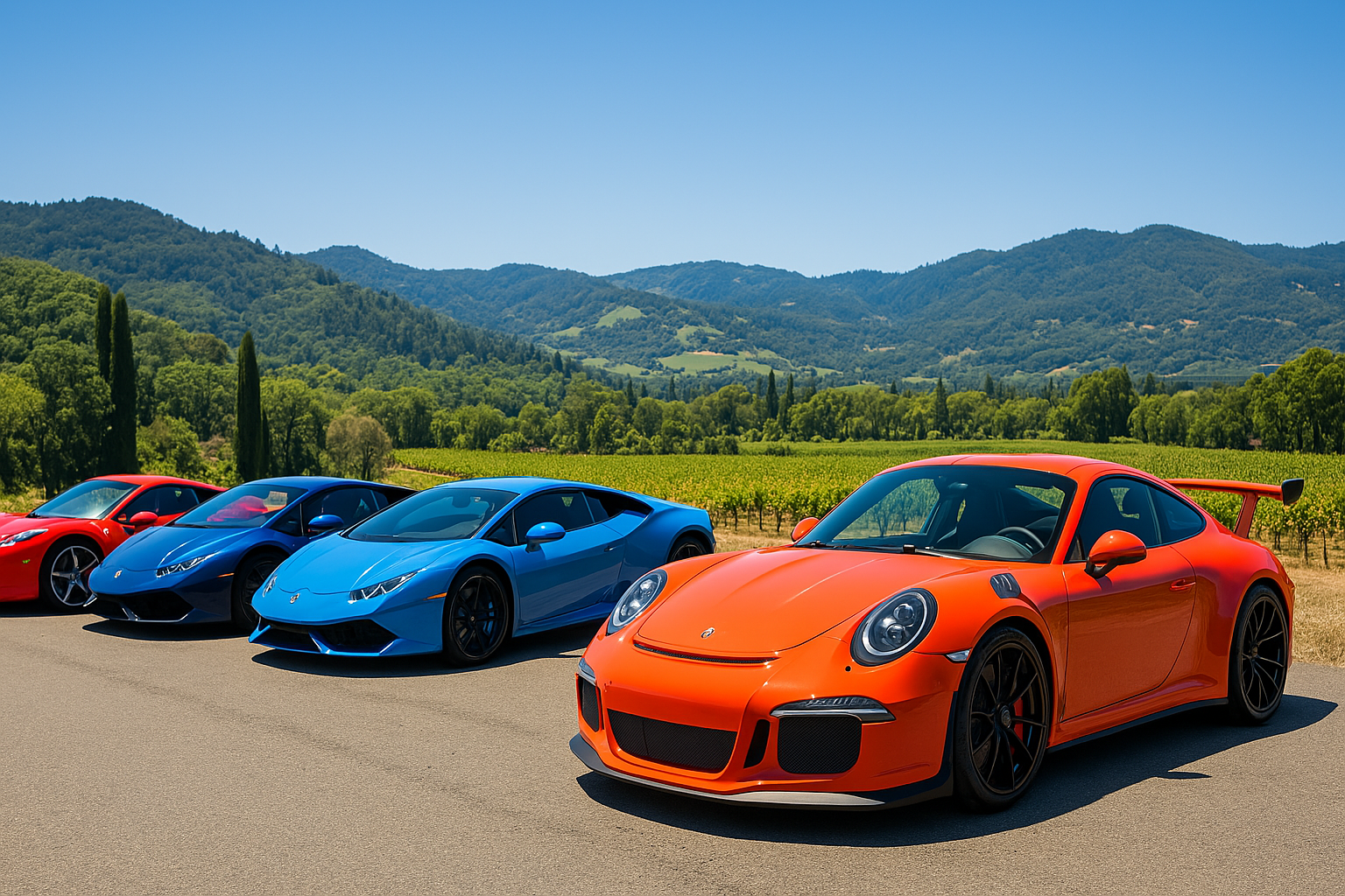 A lineup of luxury sports cars, including a red Porsche, blue Lamborghini parked at a winery in Napa Valley with a scenic vineyard and mountains in the background under a clear blue sky.
