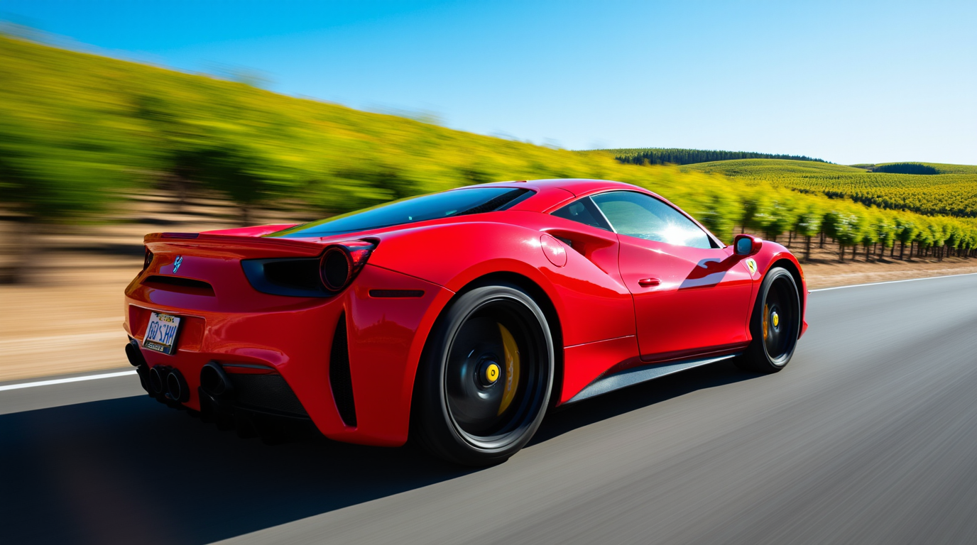 A red Ferrari sports car driving on a highway through Napa Valley north of San Francisco with vineyards and trees.
