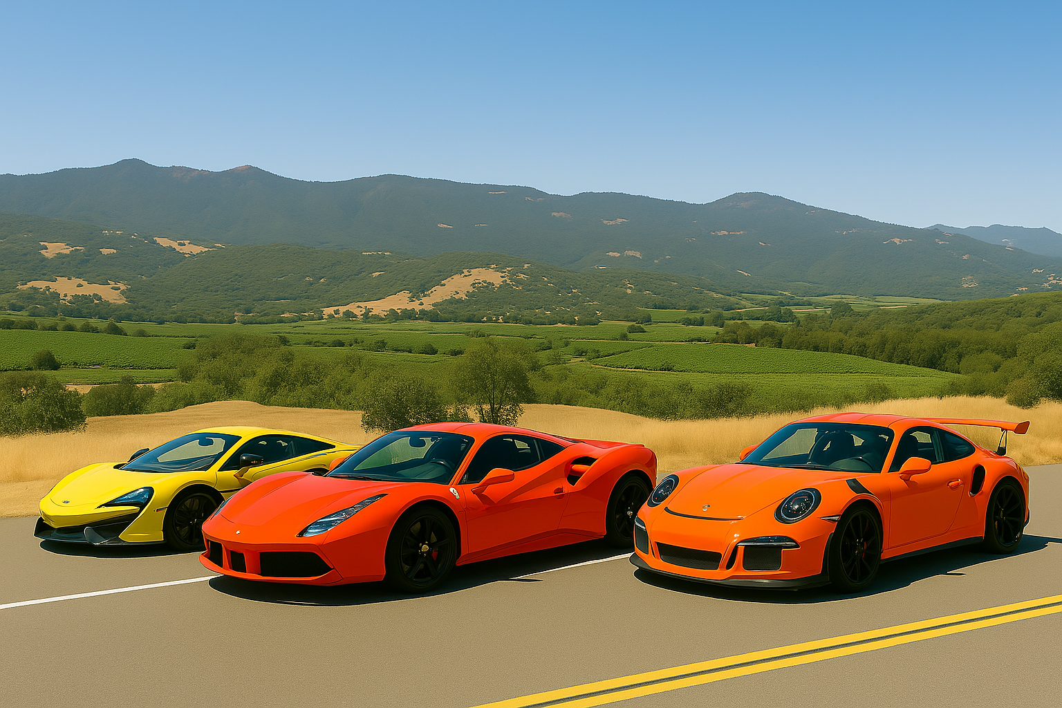 Three colorful sports cars driving on a Napa Valley canyon road with scenic mountains and vineyards in the background.