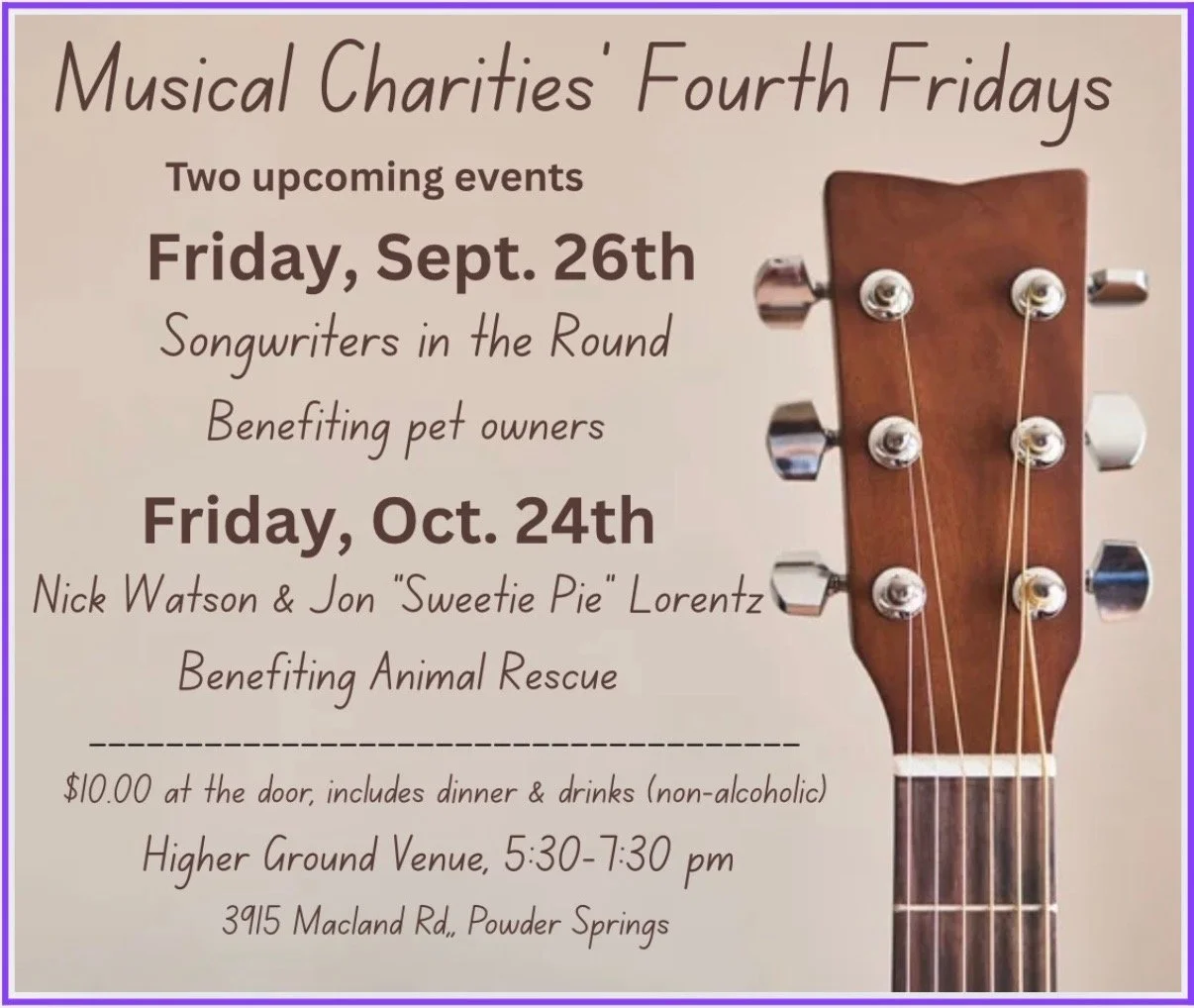 Fourth Friday: Nick Watson and Jon “Sweetie Pie” Lorentz Benefiting Animal Rescue