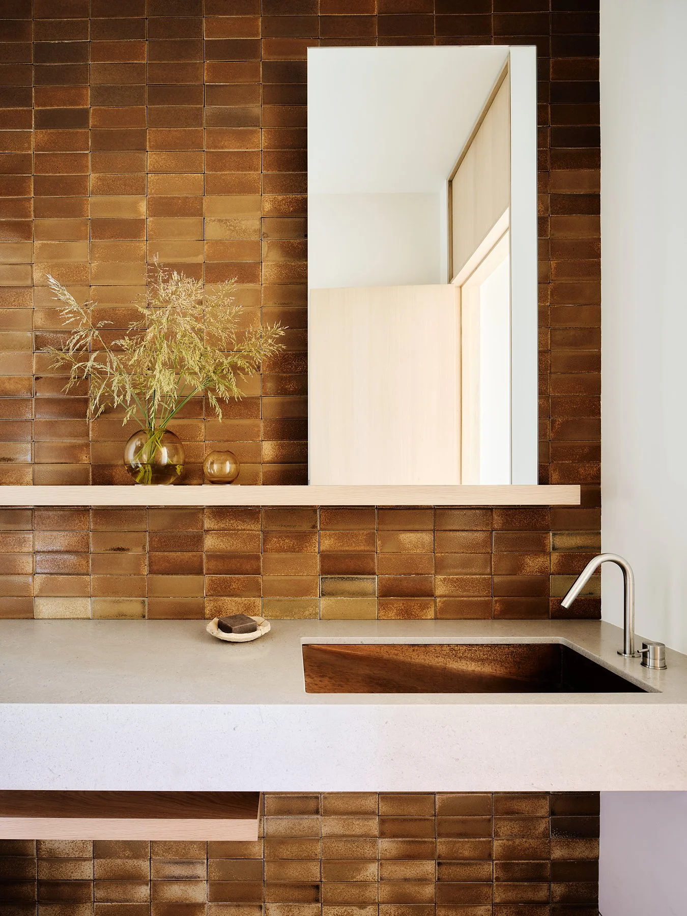 Madrone Ridge residence bathroom with copper sink and tile