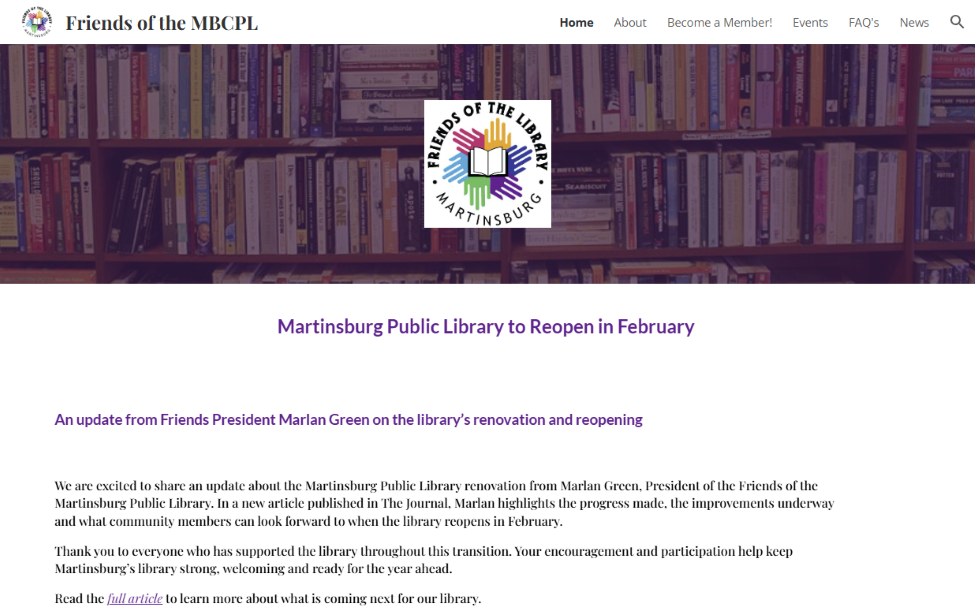 An image of the Friends of the Martinsburg Homepage