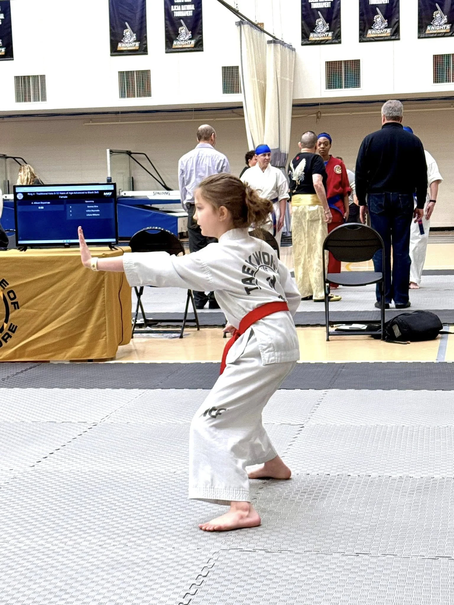 A young girl in a white karate uniform with a red belt practicing a martial arts stance in a gymnasium during a martial arts event.