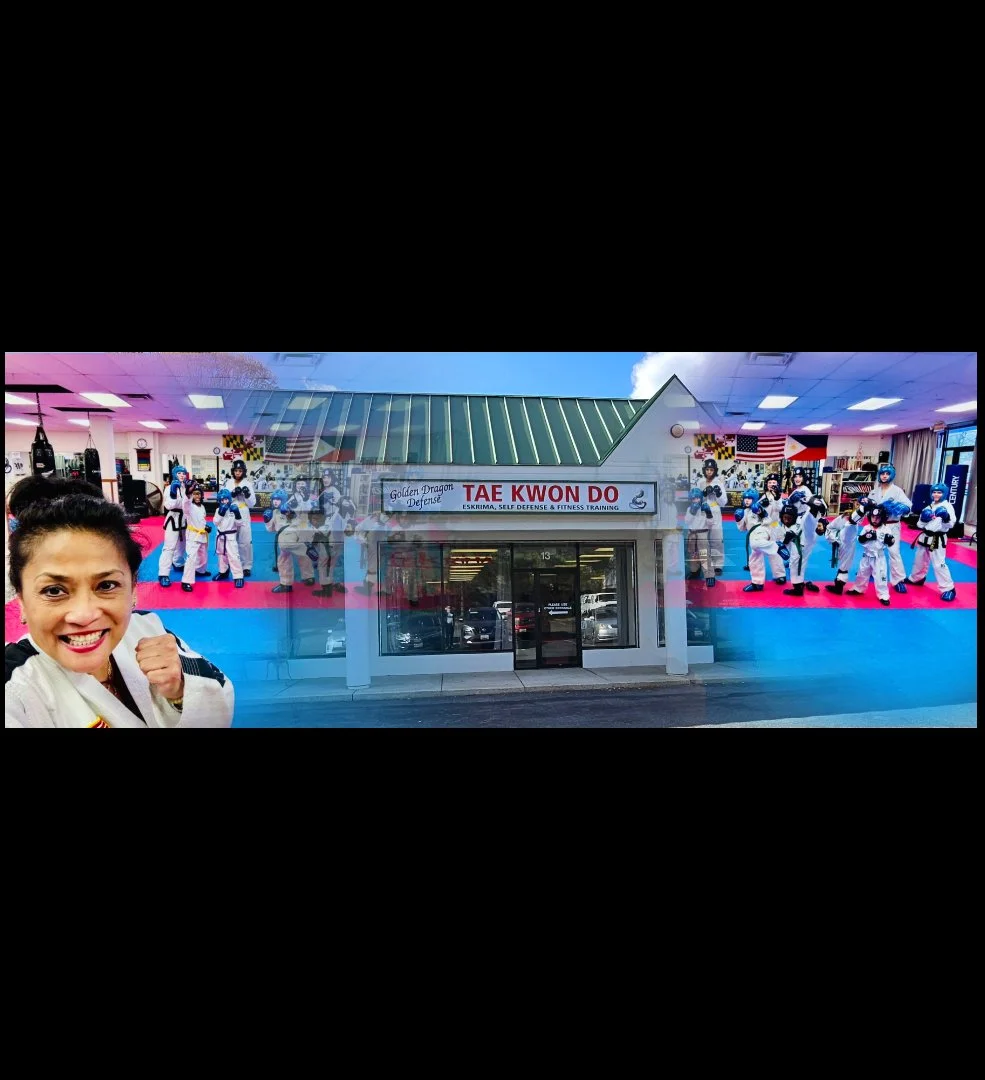 Building exterior with martial arts students practicing inside, sign reads 'TAE KWON DO,' instructor in traditional martial arts uniform smiling and making a fist.