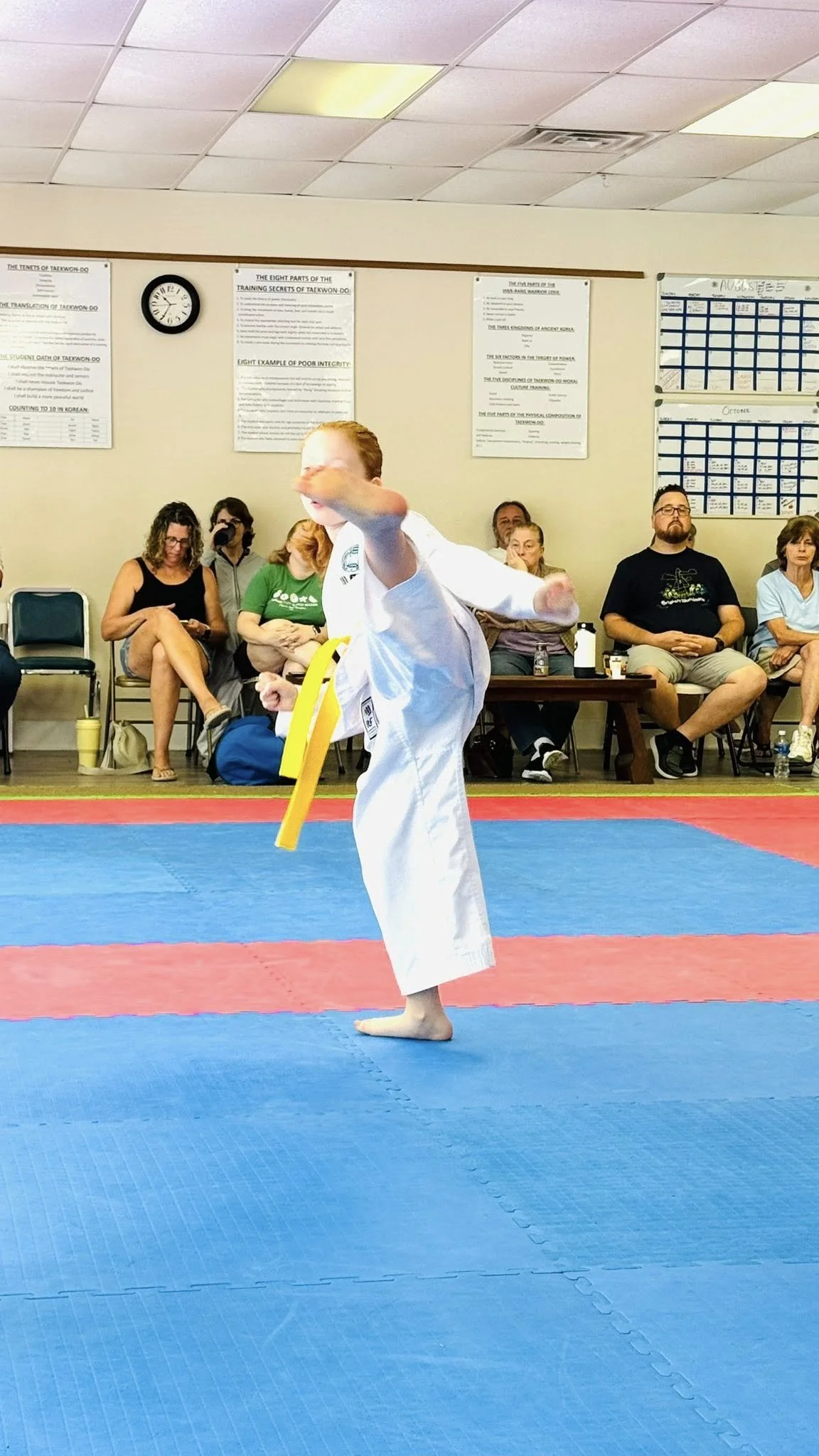 A martial arts demonstration with a person in a white uniform throwing a punch, a yellow belt attached, in a gym with an audience seated behind.