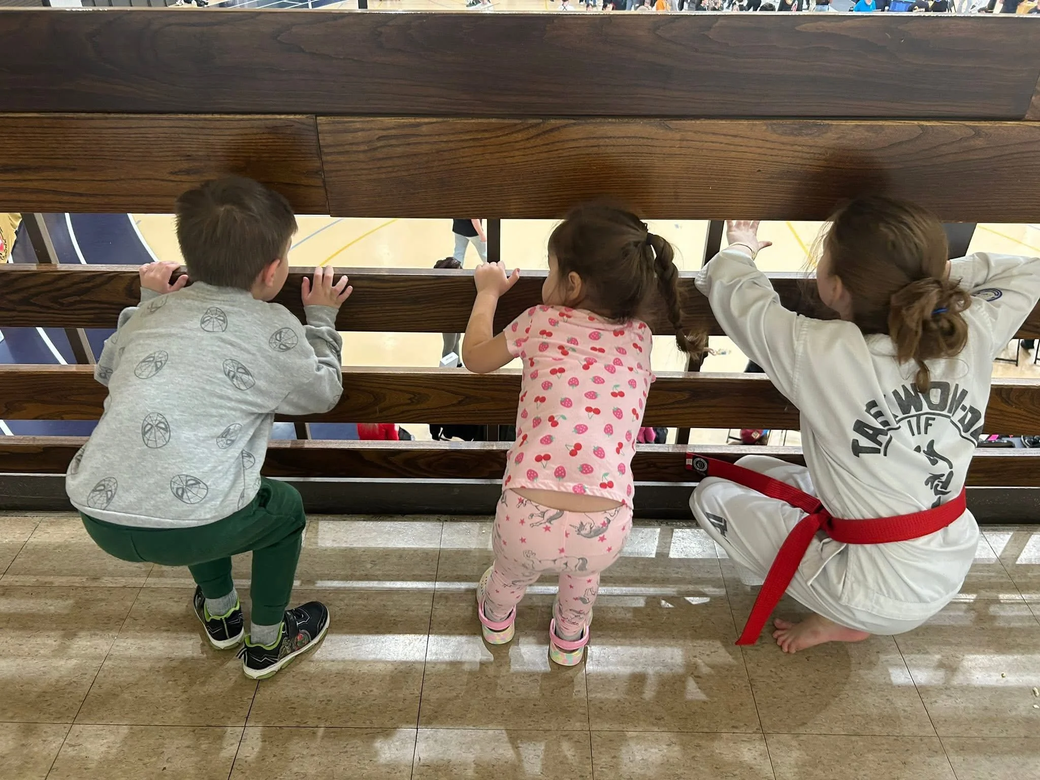 Three children kneeling and leaning over a wooden railing, looking down at a gymnasium or sports court below.