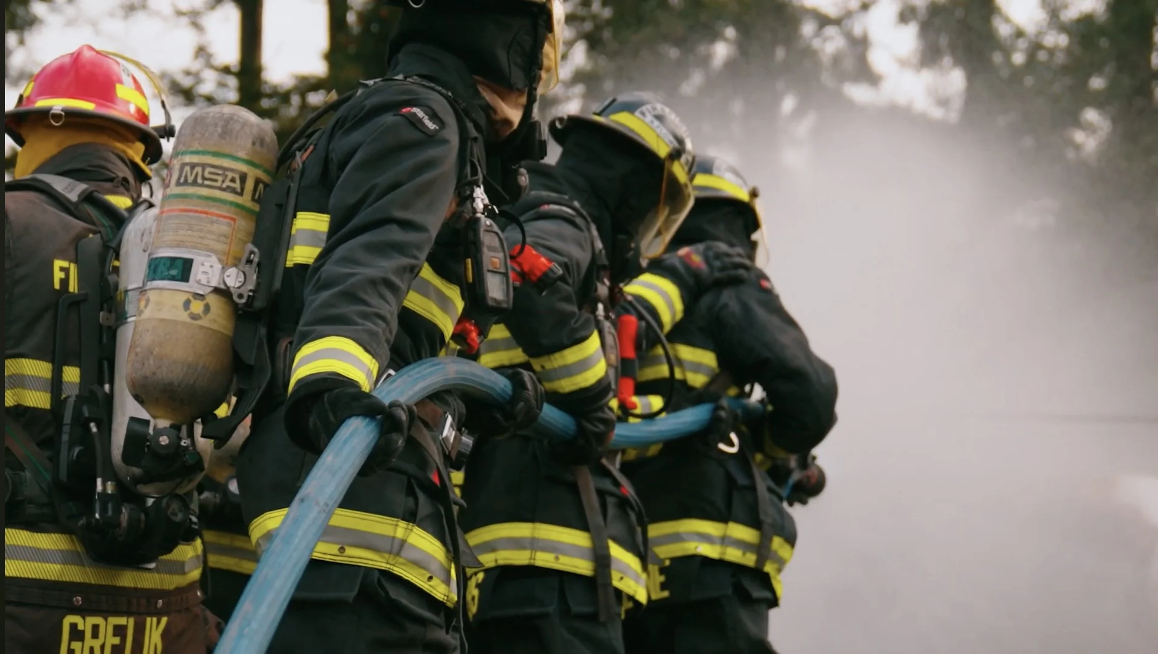 Firefighters training at Fire Hall during a documentary production