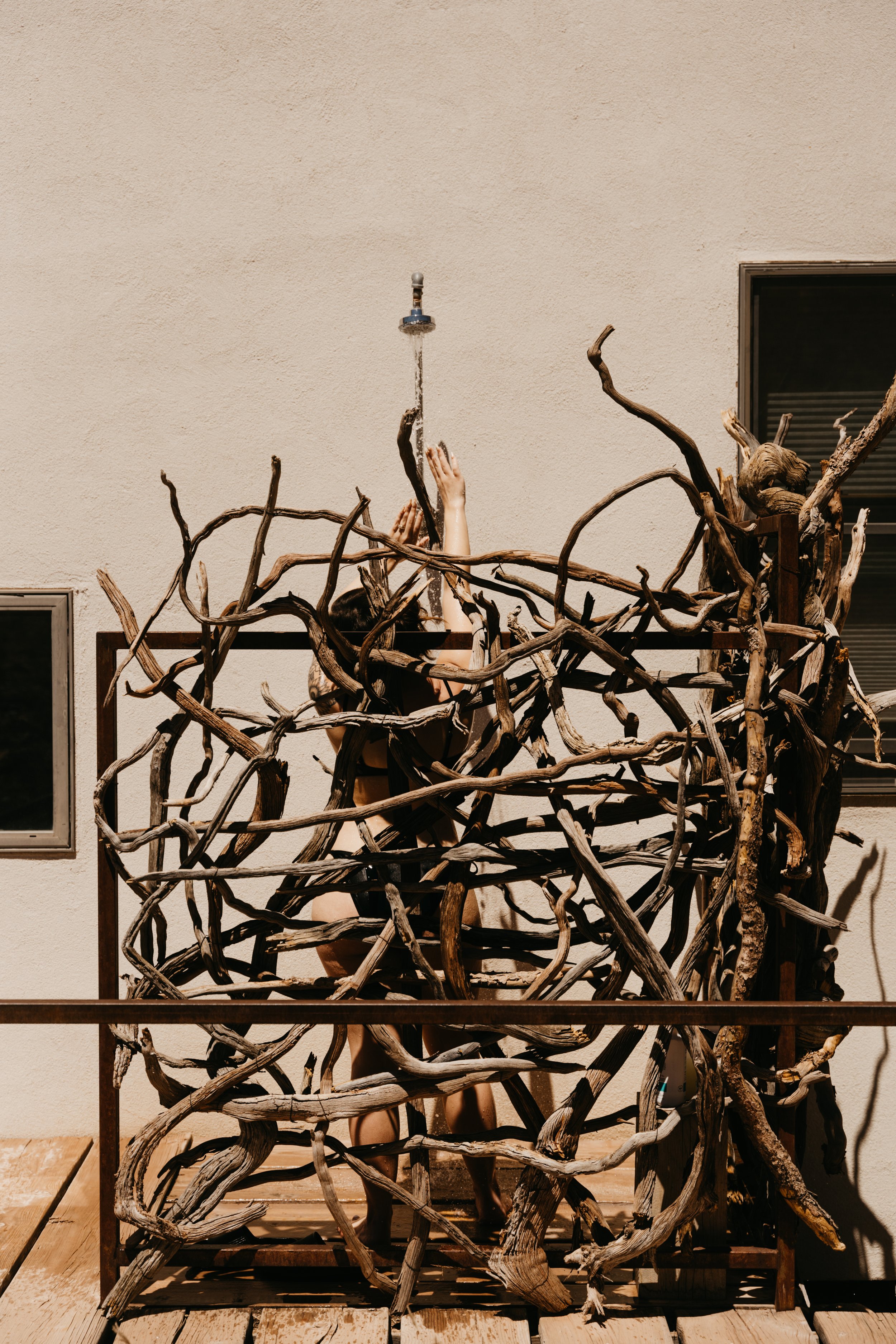 Person standing behind a large sculpture of intertwined driftwood branches, reaching upward, outdoors on a wooden deck with a beige wall and windows in the background.