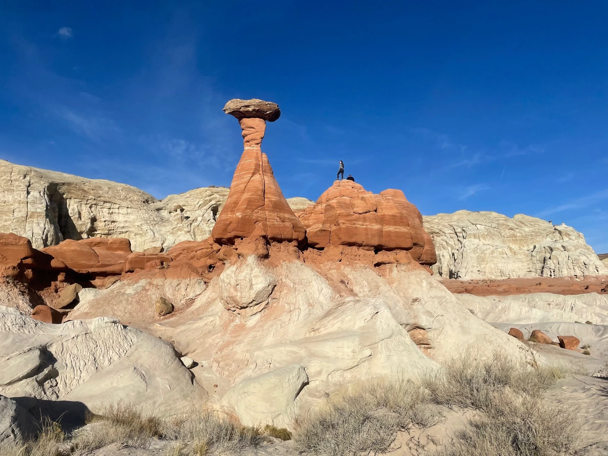 Hikers on sandstone outcropping viewing tall sandstone hoodoo on Toadstool Trail