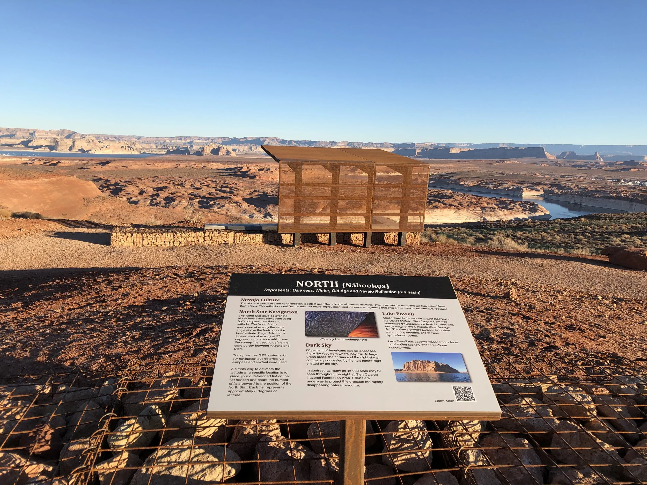 Interpretive sign at Grandview Knoll Overlook headers read NORTH, Navajo Culture, North Star Navigation, Dark Sky, Lake Powell