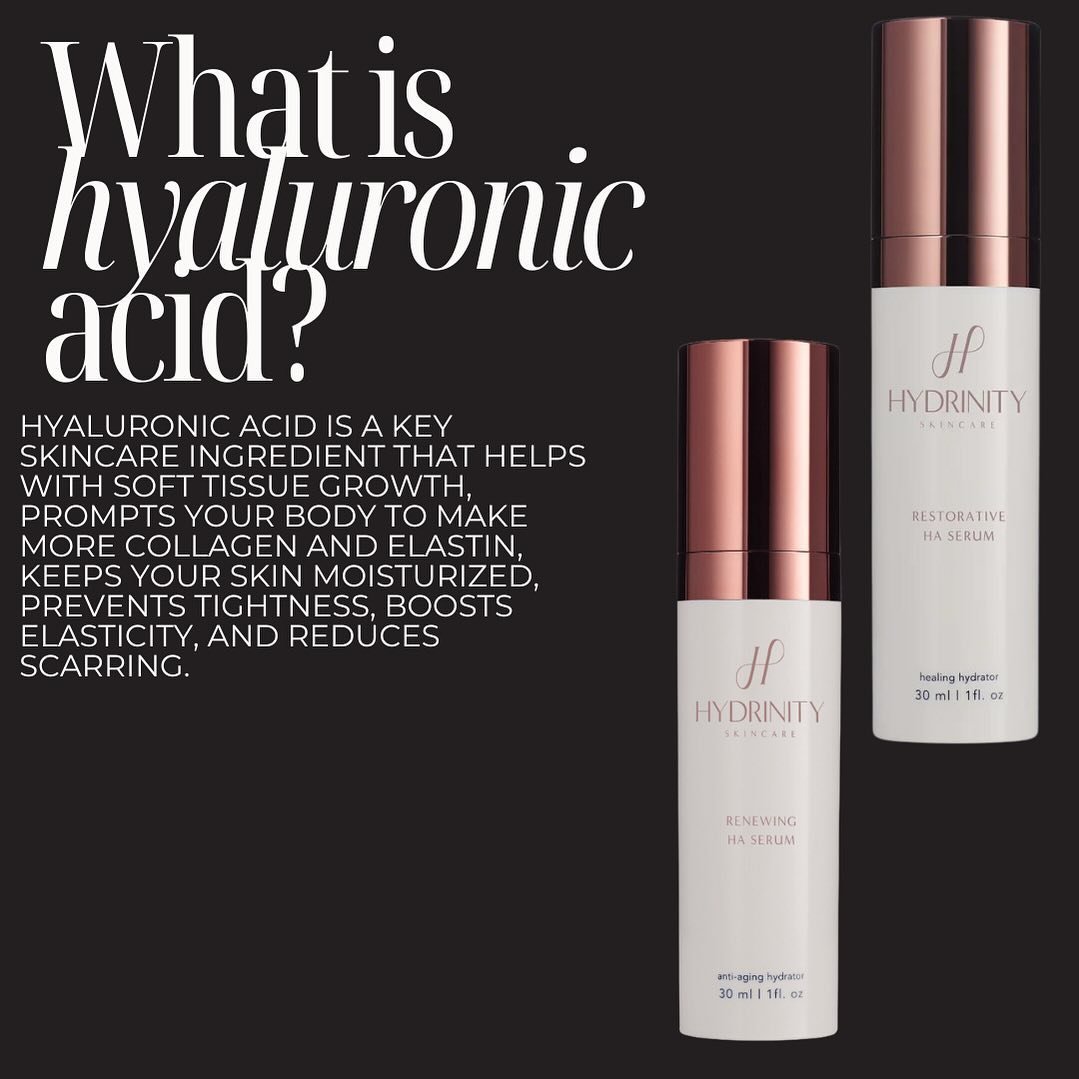 HA is a very important skincare staple in your every day routine. Our favorites are Restorative &amp; Renewing HA Serums from @hydrinity_skincare ~ they are powered by patented Supercharged Hyaluronic Acid, combined with a proprietary PPM6 Technology