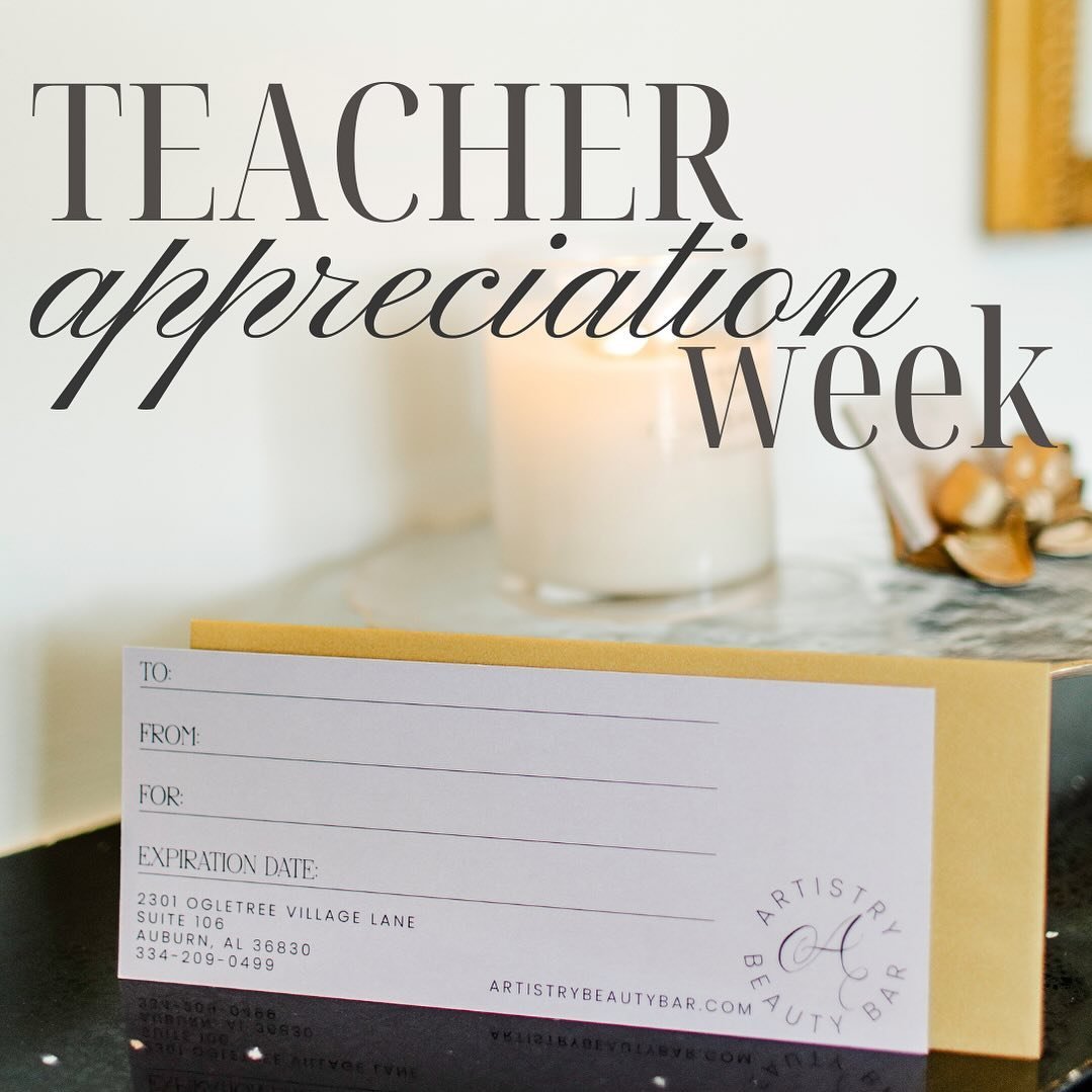 Nothing says THANK YOU like an Artistry Beauty Bar gift certificate for your favorite teachers! Available in store or online: https://artistrybeautybar.glossgenius.com/gift-cards ✨

#teacherappreciation #giftcertificates #beautybar #auburnal