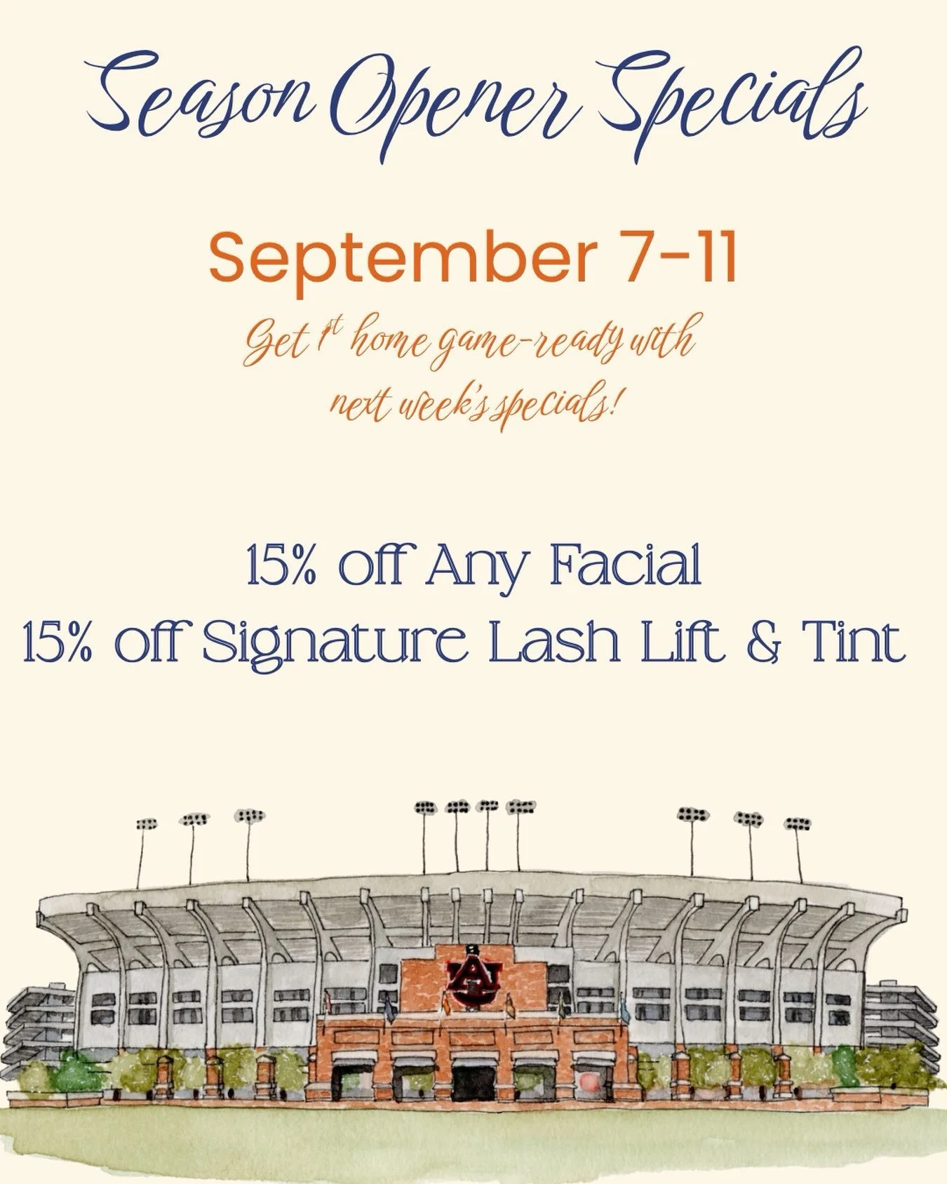 IT&rsquo;S GAME WEEK, AUBURN! 🧡💙🏈
Our first home game is almost here, and we&rsquo;re celebrating with Season Opener Specials! ✨
Get game-day ready from head to toe with 15% OFF any facial + 15% OFF our Signature Lash Lift &amp; Tint September 7&n