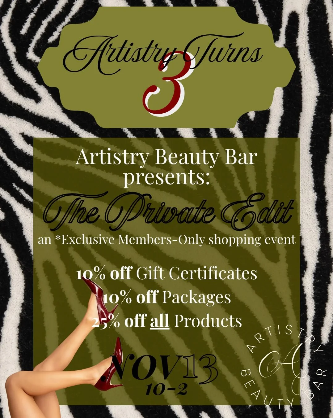 A birthday celebration, but make it exclusive. 🫒✨

Our Artistry members get first access to Artistry Turns 3: The Private Edit &mdash; an exclusive, members-only shopping experience curated just for you!

📅 November 13 | 10 AM &ndash; 2 PM

Think t