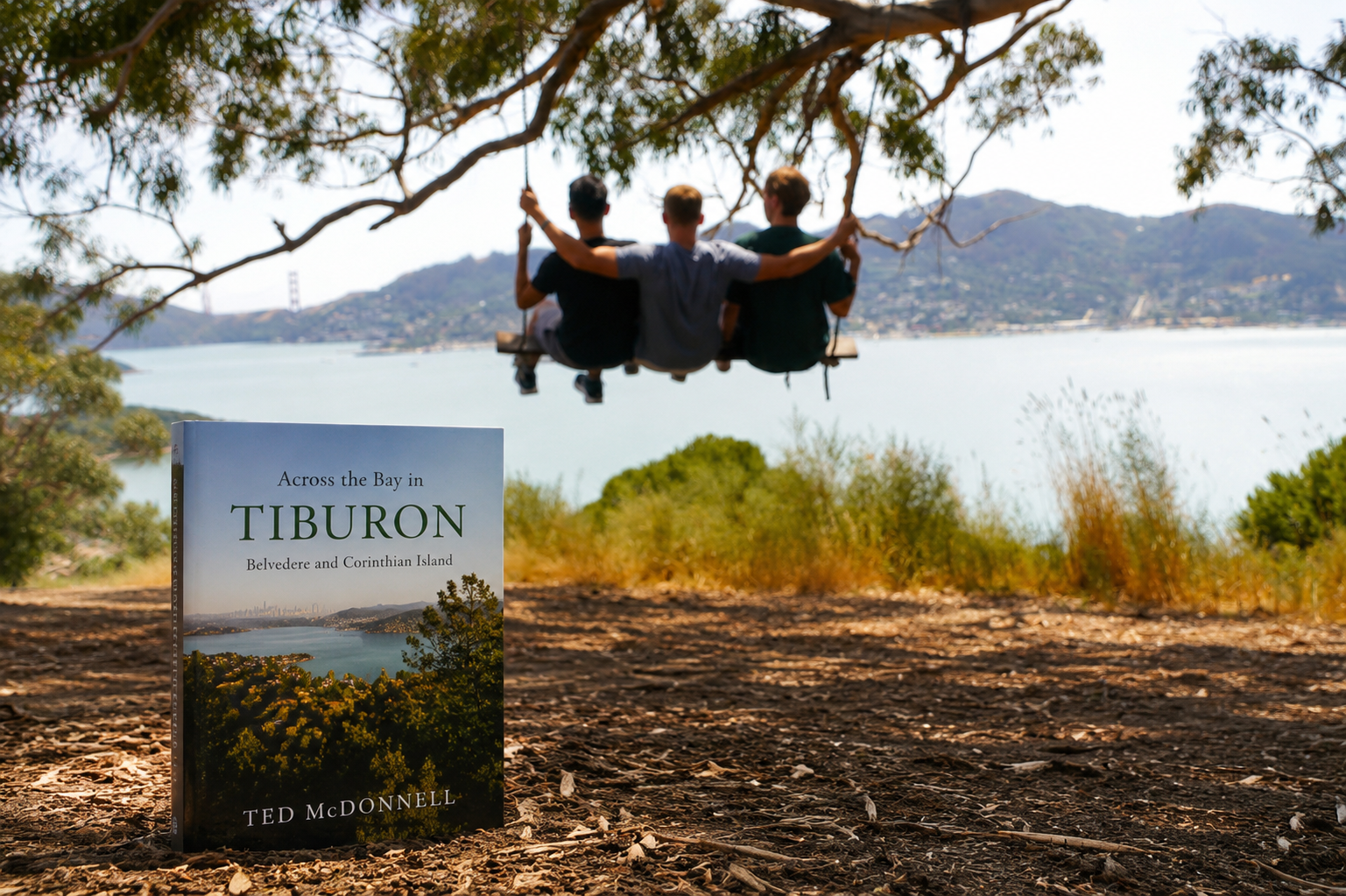 A book titled 'Across the Bay in Tiburon' by Ted McDonnell stands on dirt ground in the foreground. In the background, three young men sit on a swing hanging from a tree, overlooking a bay with hills and a bridge.