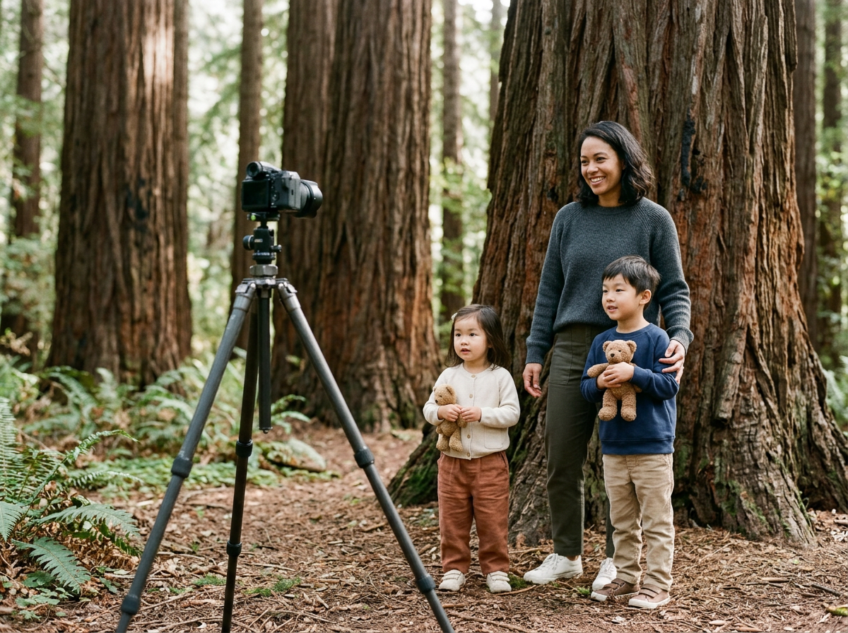 A woman and two children in a forest, standing near large trees, with a camera on a tripod set up in front of them, as if preparing to take a photo.