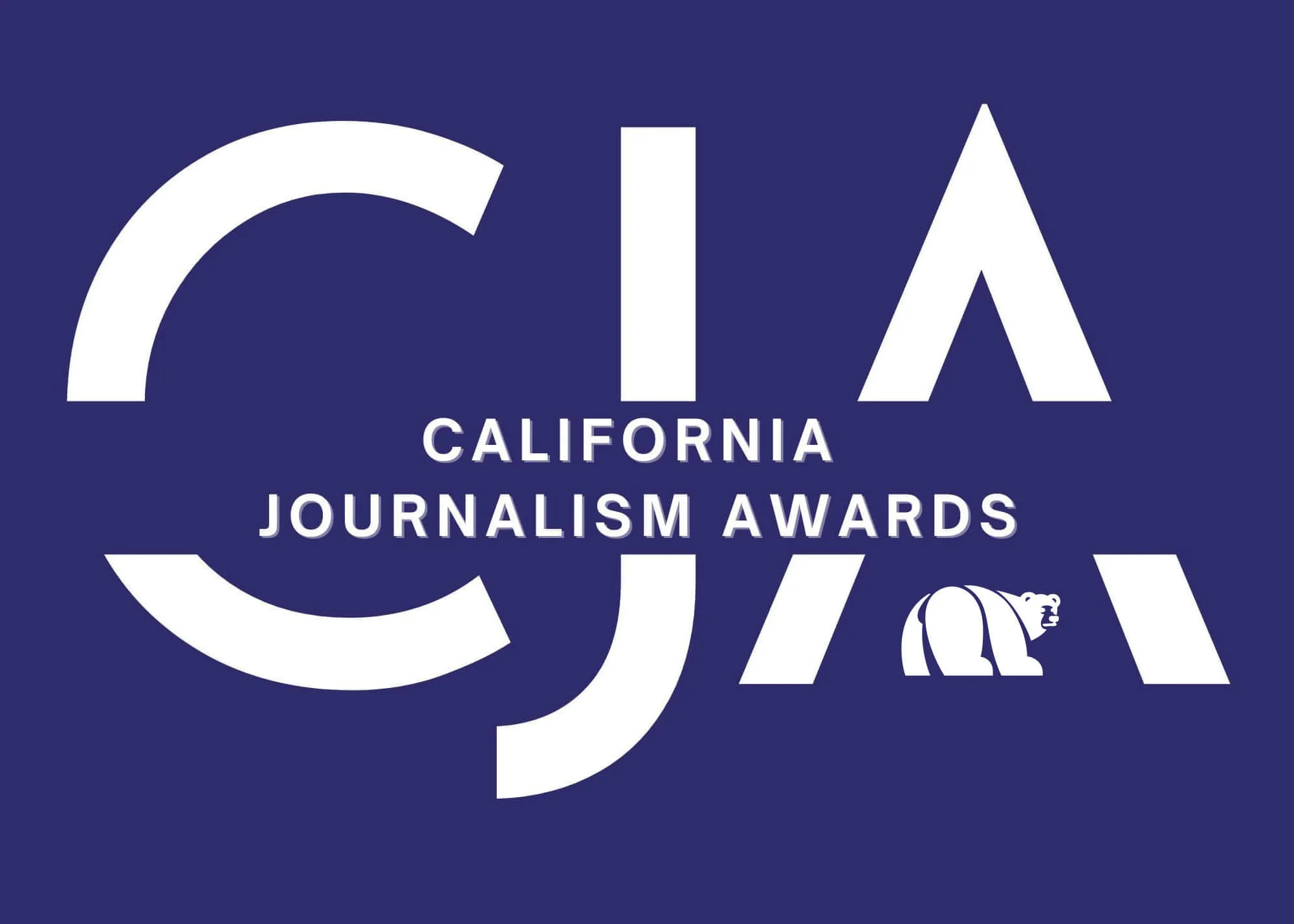 A dark blue square background with white text and graphics for the California Journalism Awards. The text says 'California Journalism Awards.' There is stylized imagery, including part of the letters 'C', 'A', and a graphic of a stylized game of roulette in the bottom right corner.