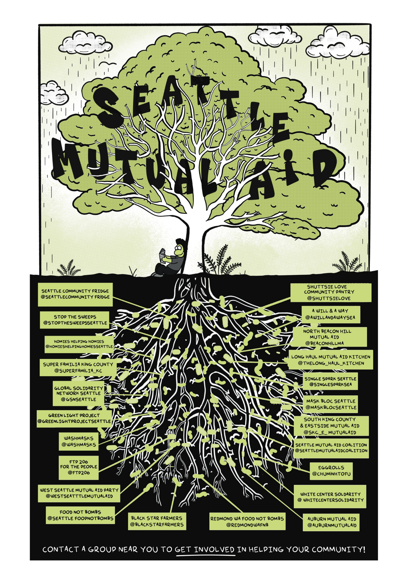 image in black and white and green showing a large tree, Seattle Mutual Aid