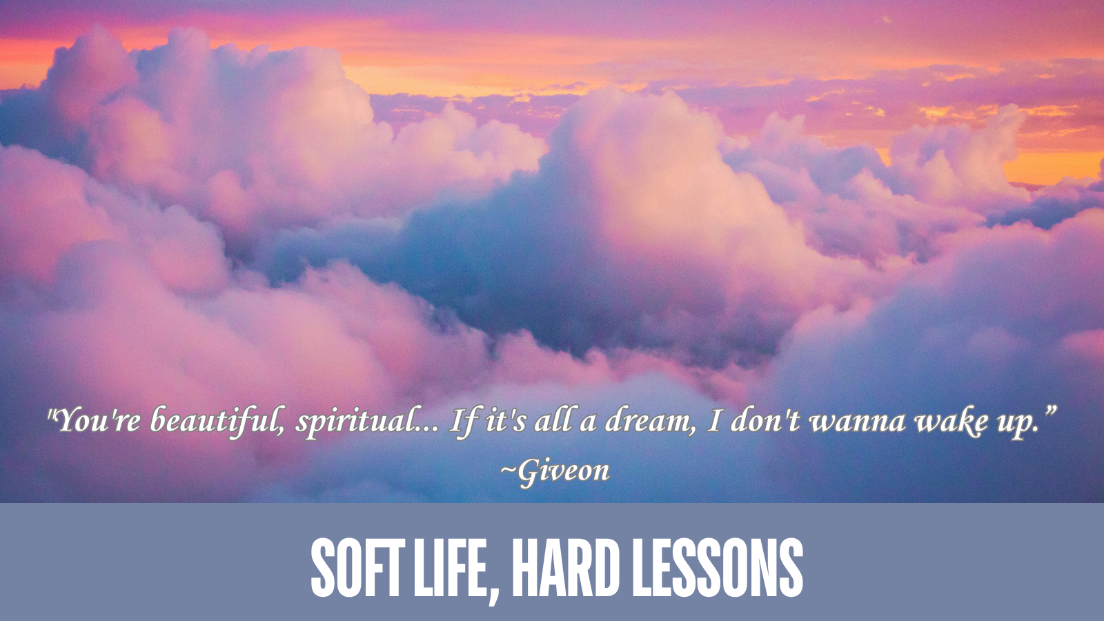 stock image from above clouds in sky, colored pink hues and blue; white overlay lettering