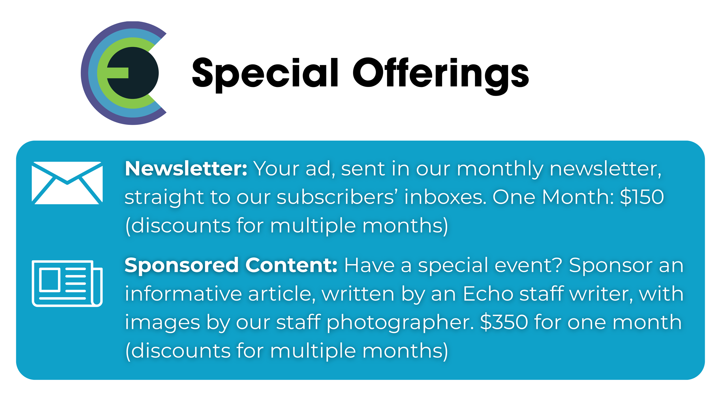 Evergree Echo logo Special Offering with rates listed for newsletter and sponsored content