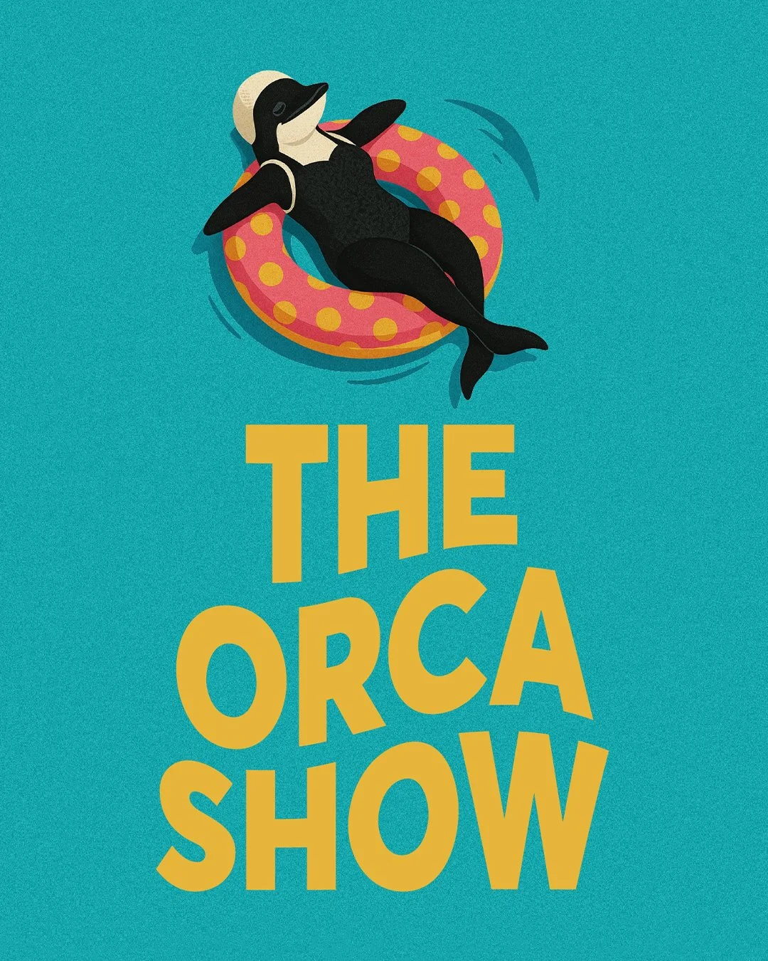 cartoon orca, anthropomorphised, with swimsuit and swim cap on, laying back in an inner tube on the water