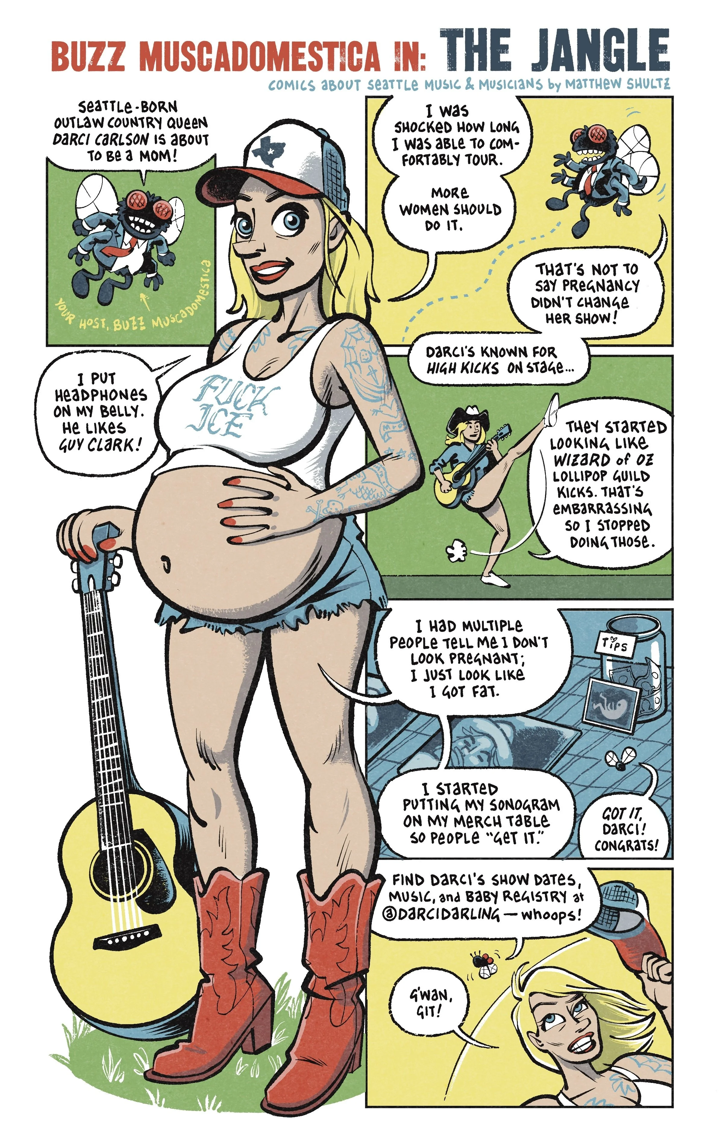 full color comic chatting about Darci Carlson, country singer