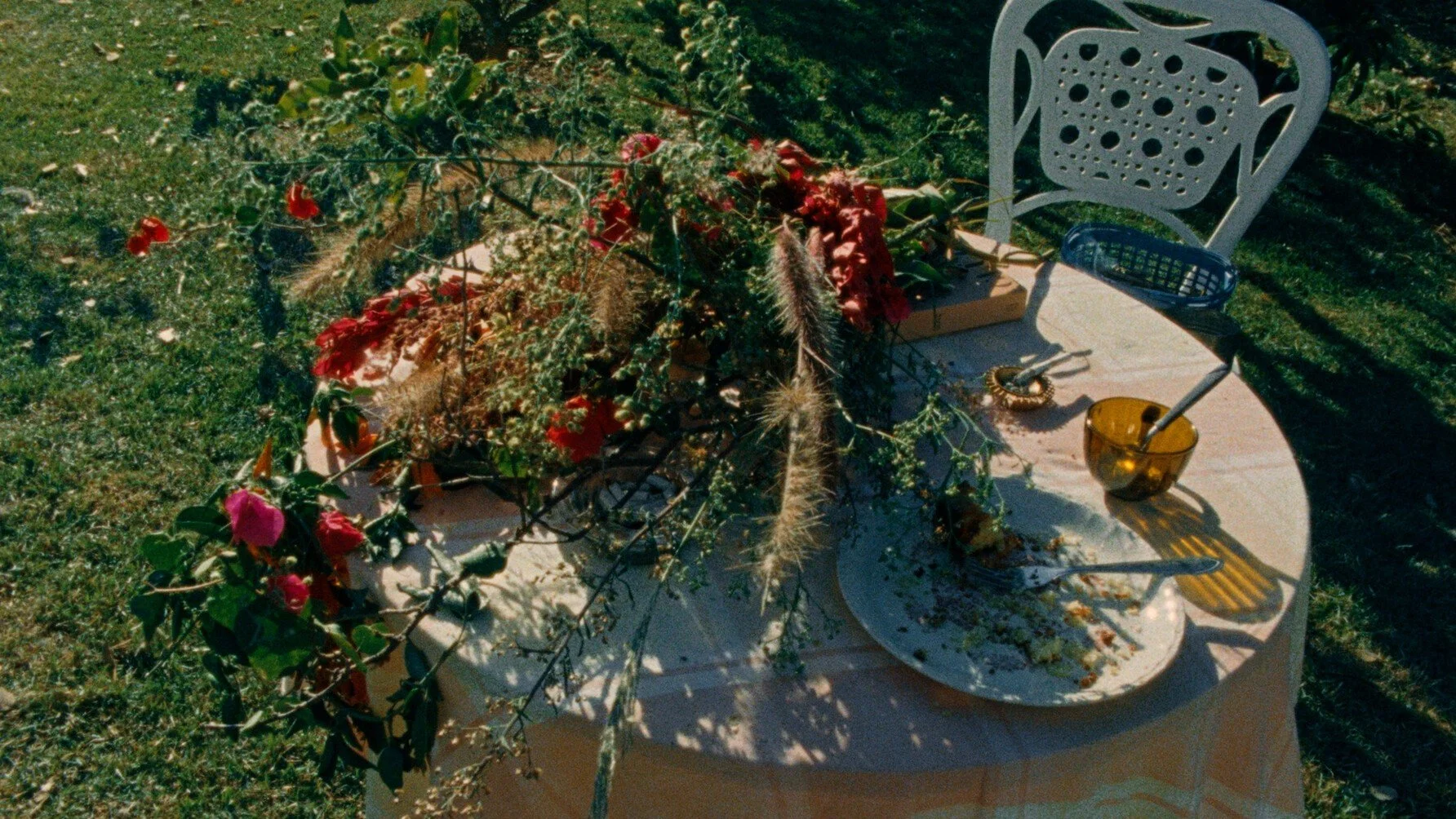 Super 8 still image of an outdoor table and chair, a plate atop the tablecloth with a bite of food left, a spoon resting in a bowl, and branches with some flowers covering half the tabletop