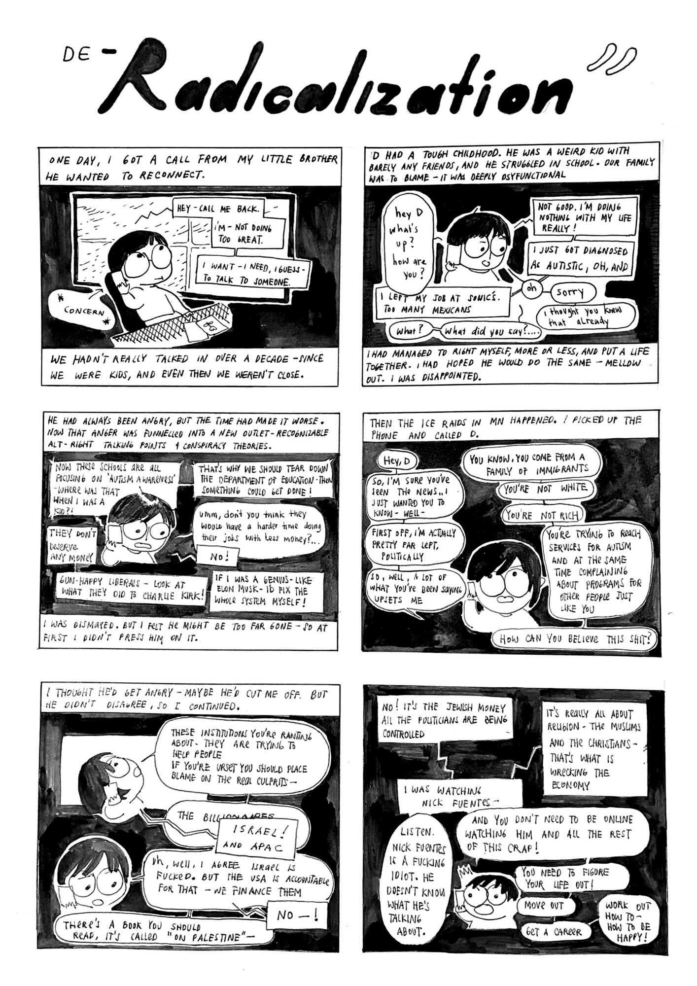 black and white comic of a character in glasses chatting with someone on the phone
