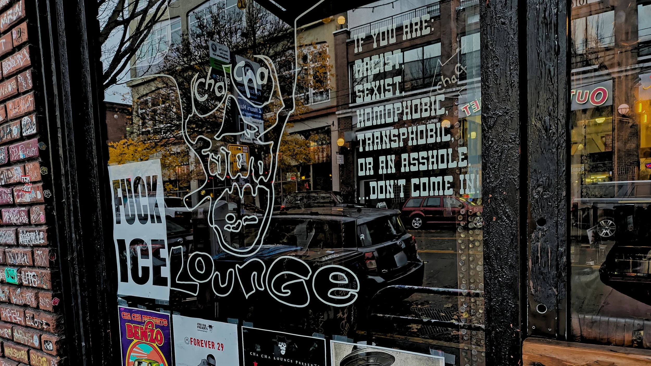 front window of Cha Cha Lounge