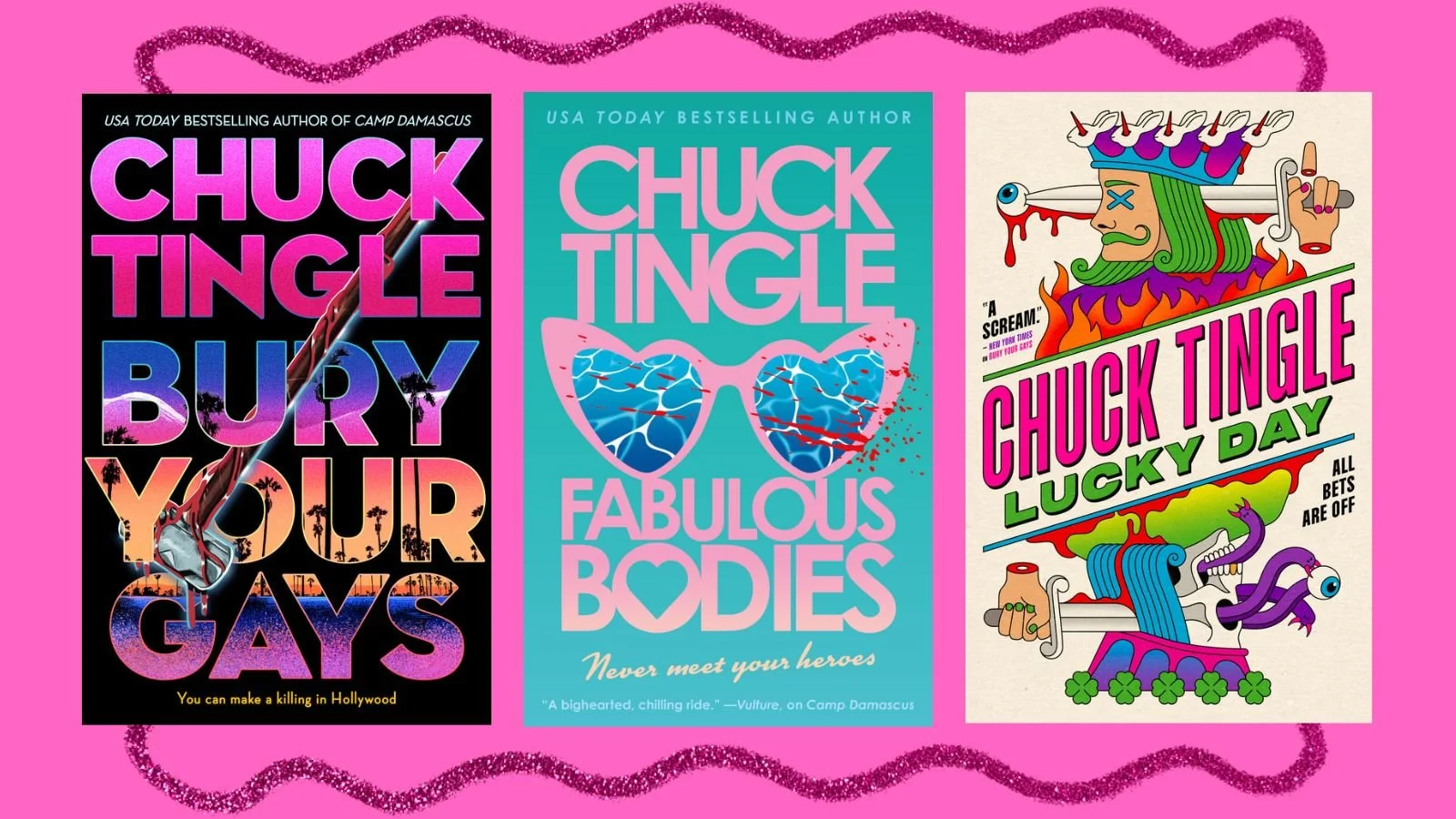 three book covers from Chuck Tingle over a pink background with a pink glitter squiggle border