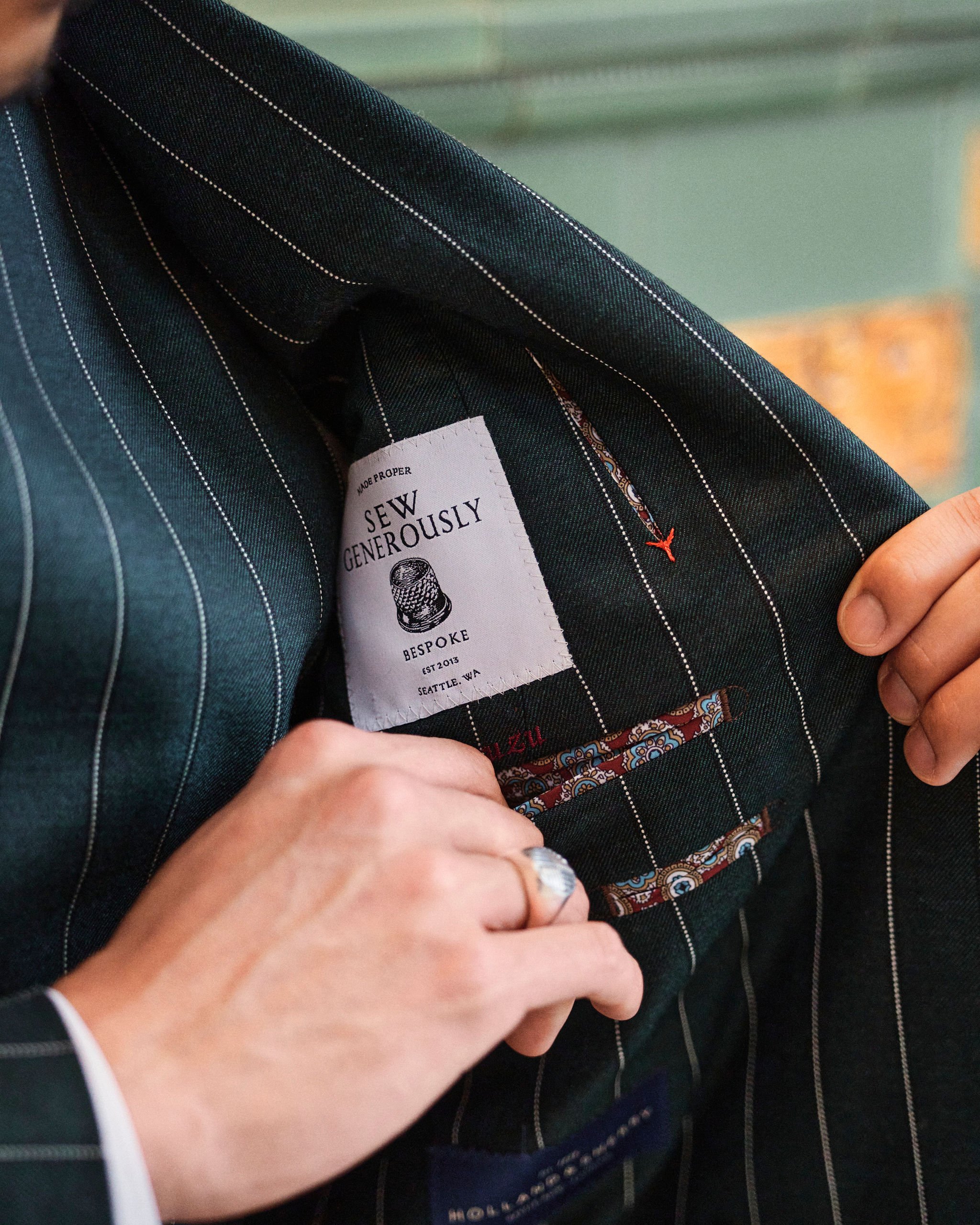 inside pockets of a suit jacket with Sew Generously label