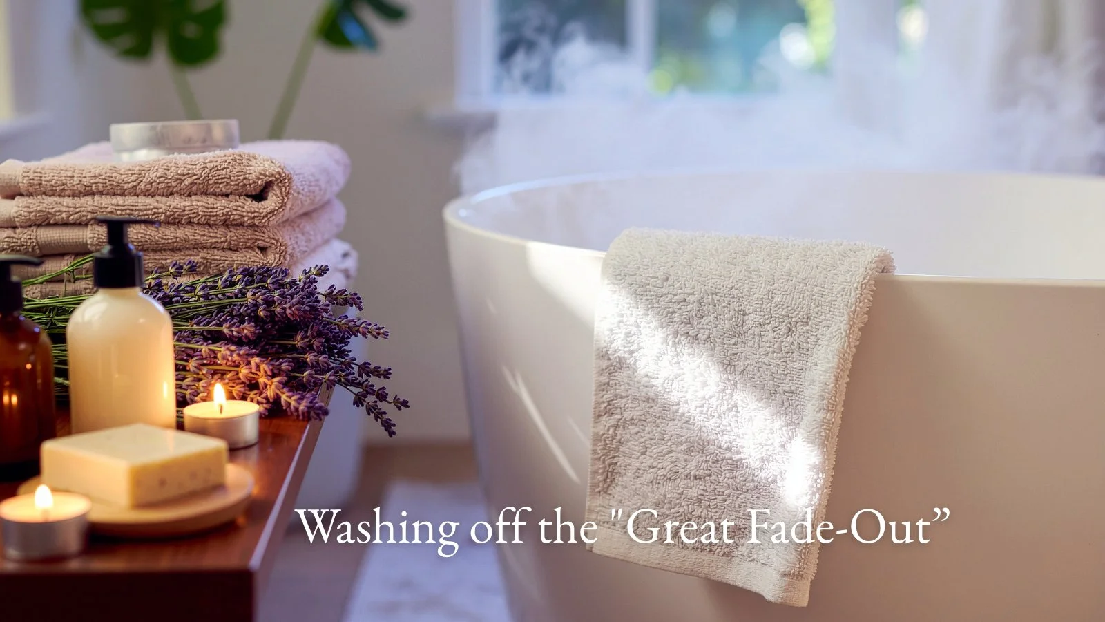 stock image with caption of bathing area with towels and tea candles