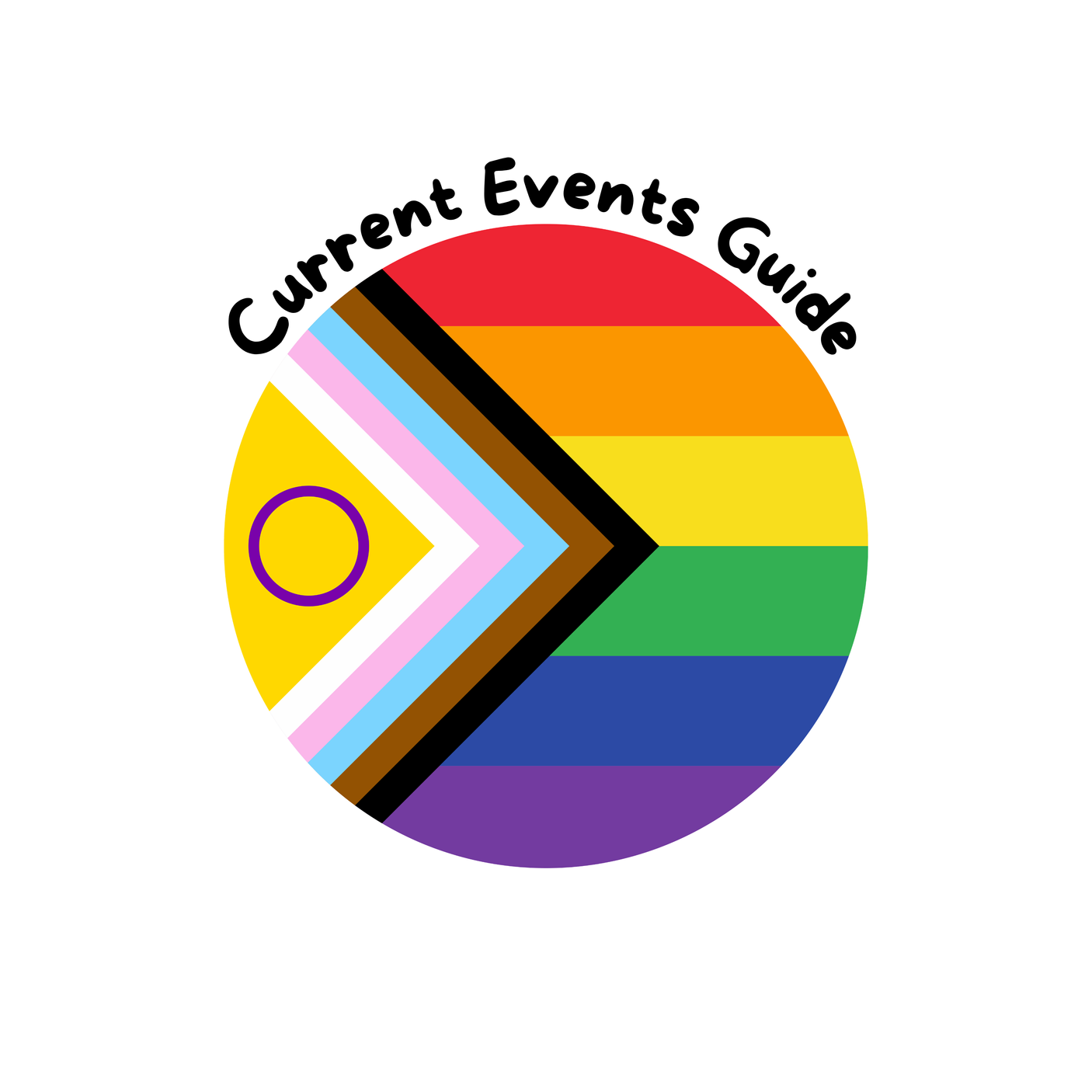 graphic of circular Pride flag, "Current Events Guide" in black letters at the top draped over the circle