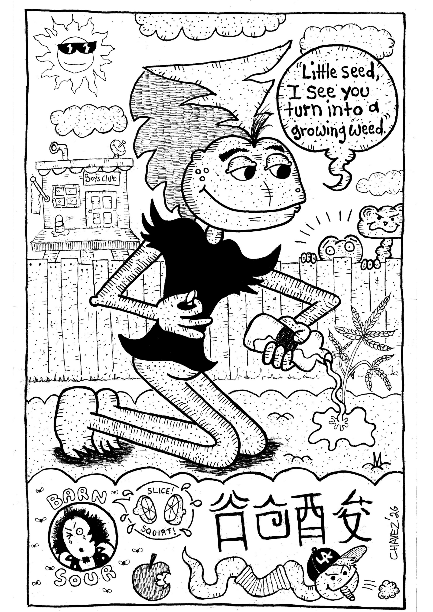 black and white image of a personified plant watering another plant