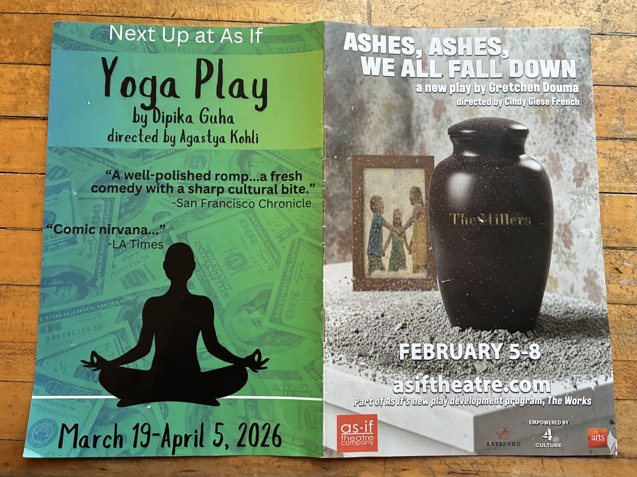 open program for As If Theatre with Ashes Ashes promo image on front cover and Yoga Play promo image on back