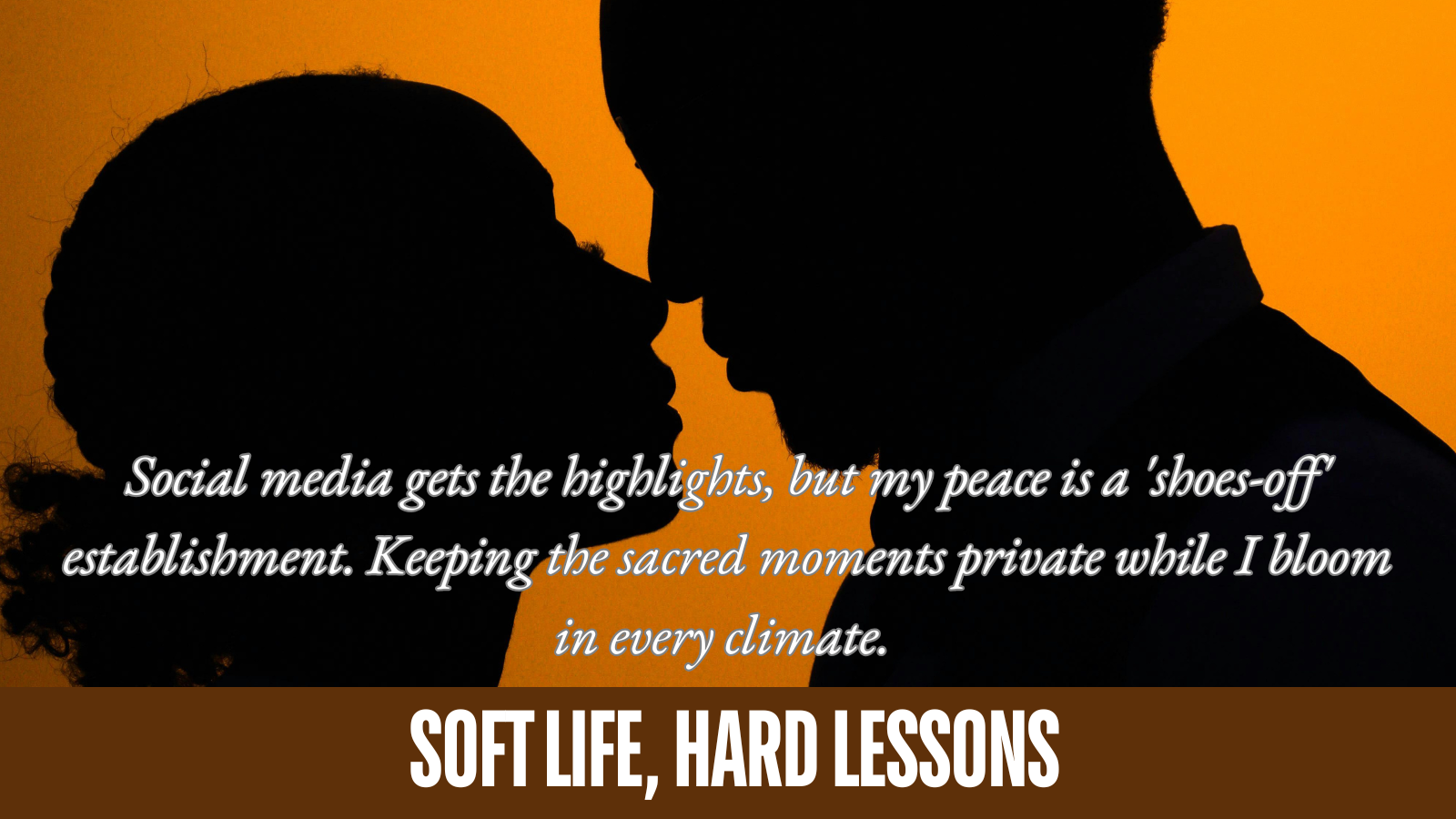 image of two silhouettes' faces close to each other with white words overlay and an orange background