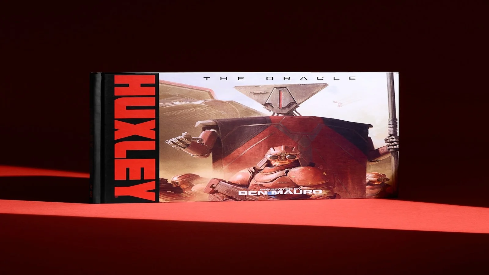 still of Huxley: The Oracle long book copy standing on a red floor